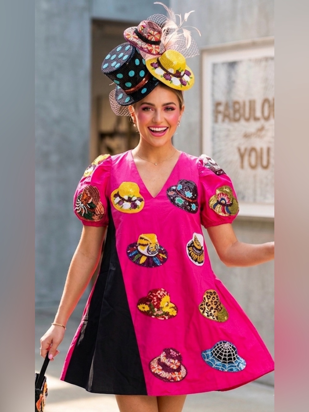 New! QUEEN OF SPARKLES Pink and Black Sequin Painted Hats Mini Dress